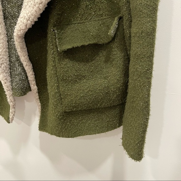 Zara Knit Faux Shearling Lined Sweater Jacket Open Front Square Pocket Green S - Picture 7 of 11